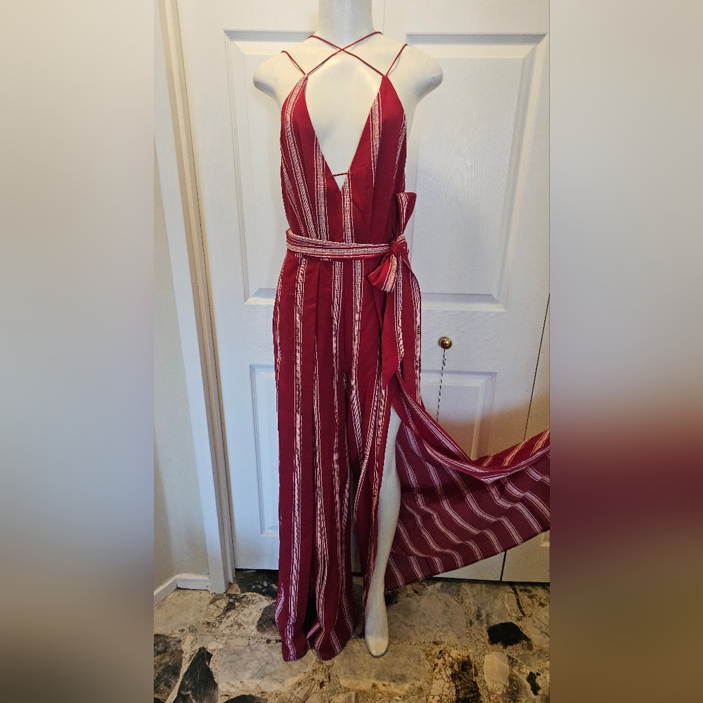 Striped Red Jumpsuit with Belt